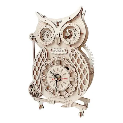 (tan) Wooden Puzzle 3D Owl Clock Model Building Kits Creative Diy Wall Clock Mechanical Retro Pe