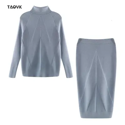 (grey,blue, One Size) Taovk Women&apos;s Knitted Skirts Sets Office Lady Solid Color Turtleneck 