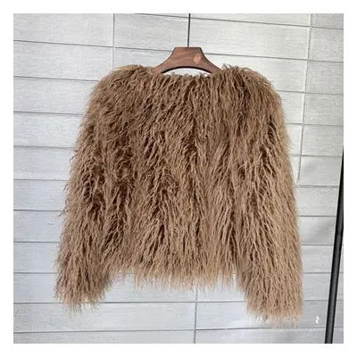 (khaki, M) Color Women&apos;s Fur Coat Colorful Fluffy Pink Lamb Fur Faux Fur Coat Sheepskin Coa