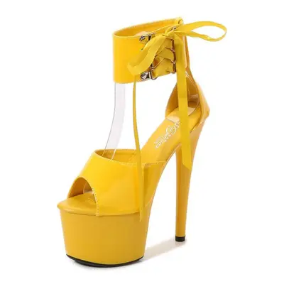 (yellow, 35) Ultra High Heels Platform Leather Sandals 16.5cm Sexy High Heels Stiletto Waterproo