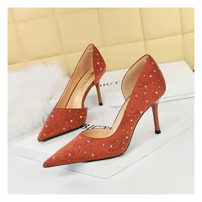 (orange, 41) Women&apos;s Fashion Banquet High Heels Slim Heels Shallow Mouth Pointed Side Hollo