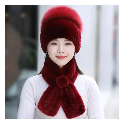 (wine, Good elasticity 52cm-60cm) Rex Rabbit Fur Hat Scarf Sets Women Winter Warm Luxury 100% Ge