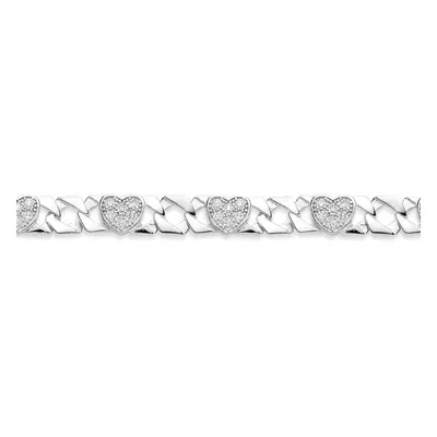 Jewelco London Kids Rhodium Plated Sterling Silver CZ Love Heart Hexagon Curb Chain Bracelet 7mm