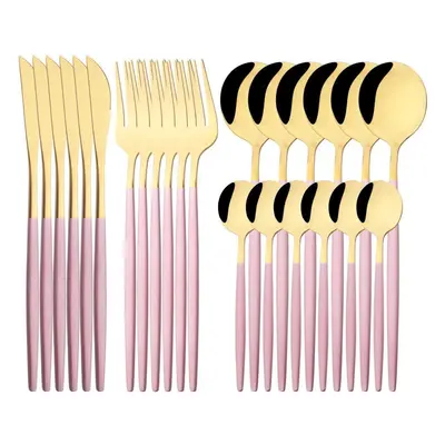 (pink,gold, 24PCS) Luxury 24pcs Rose Gold Dinnerware Set Knife Fork Spoon Cutlery Set With Gift 