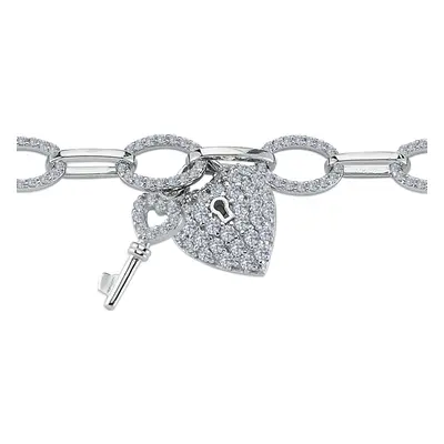 Jewelco London Ladies Sterling Silver Cubic Zirconia Love Heart Key Padlock Charm Bracelet 8mm i