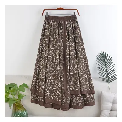 (dark brown, One Size) High Waist Spring And Autumn Women Folded Skirt Printed Casual Ladies Bot