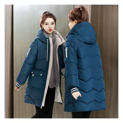 (blue, L) Autumn Winter Thicken Female Warm Long Parka Women Solid Color Loose Hooded Coat Jacke