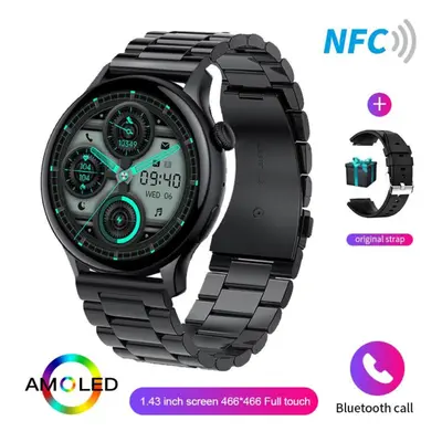 (black, Silicone belt + steel) New Women 466*466 Amoled 1.43" Screen Nfc Heart Rate Blood Oxygen