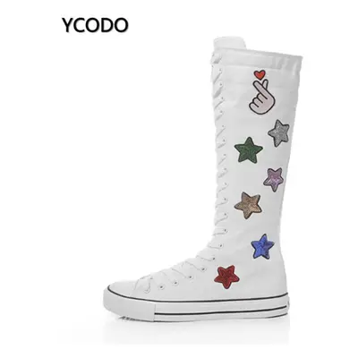 (white, 43) Spring Autumn Women Boots Canvas Mid Calf Boots Casual High Top Shoes Long Boots Lac