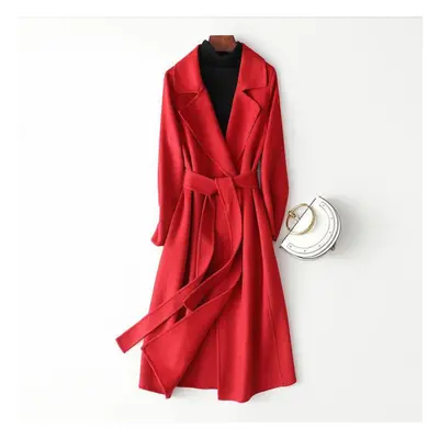 (red, M) Handcrafted Long Woolen Coat For Women - Elegant Pure Color Overcoat