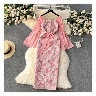 (pink, L) France Elegant Jacquard Dress Women&apos;s Chiffon Long Cloak Sleeve Patchwork Package