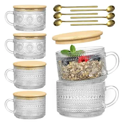 (as the picture, Pcs) 2/4/6pcs Glass Coffee Cups With Bamboo Lids And Spoons Vintage Coffee Mugs