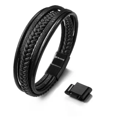 (Black, 19cm) SERASAR|Men's Genuine Leather Bracelet "Braid"