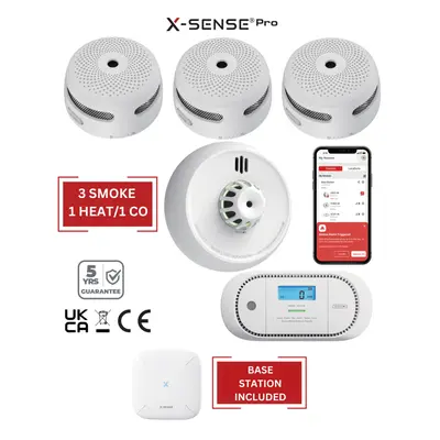 (3 Smoke / Heat / CO) Smart Smoke Detectors, Carbon Monoxide & Heat Alarms with Base Station