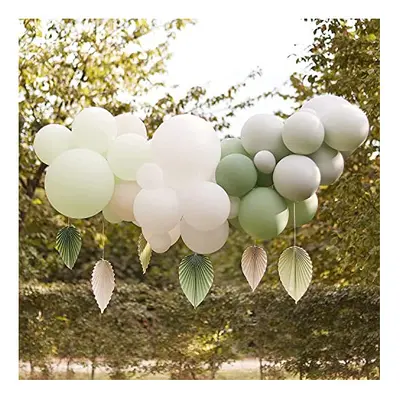 Sage Green and Neutral Balloon Cloud Arch with Integrated Paper Fan Decorations, Ideal for Birth