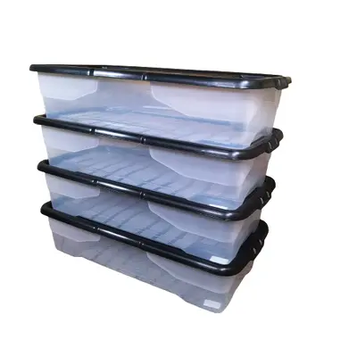 4 x 42L Clear Under Bed Storage Box with Black Lid, Stackable and Nestable Design Storage Soluti