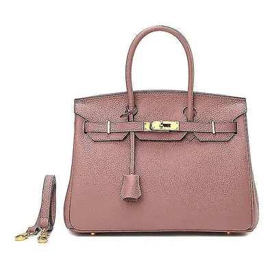 (Bare pink, 35cm) Women Ladies Handbag First Layer Cowhide Fashion Litchi Pattern Birkin Bag