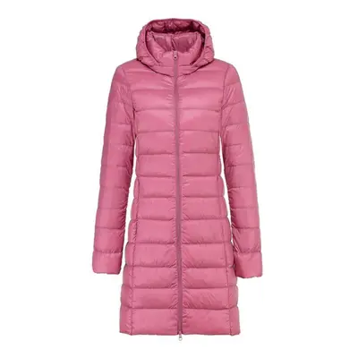 (pink, XXXXL) Women Winter Long Puffer Coat Detachable Hood Lightweight Coat Invisible Zipper Ca