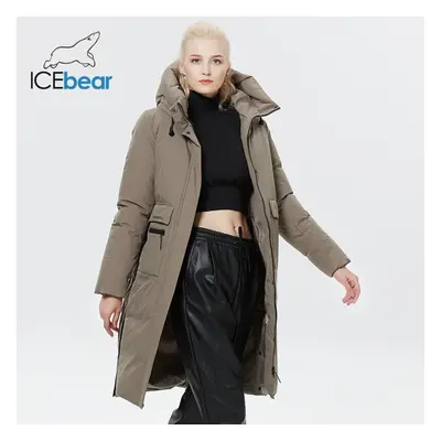 (brown, 50) Icebear Winter Women Jacket Long Cotton Big Pockets Ladies Coat Women&apos;s Thicken