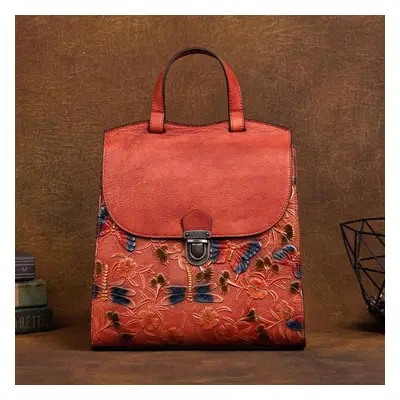 (red) Johnature Vintage Embossed Backpack Genuine Leather Women Bag Chinese Style Floral Natural