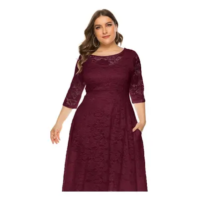 (wine, 4XL) Plus Size Xl-6xl New Fashion Popular Evening Dress Medium Length Hollow Lace Women D