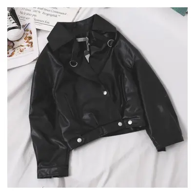 (black, L) Loose Pu Leather Batwing Sleeve Vintage Leather Jacket Street Casual Outwear Ladies B