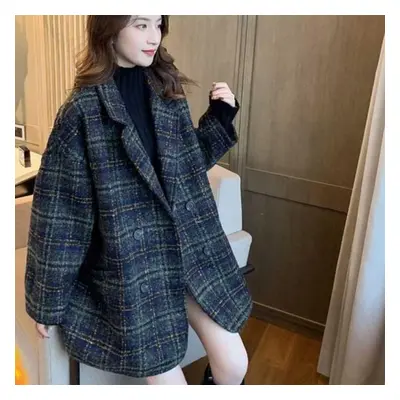 (dark green, L) New Fashion Autumn Winter Women Fashion Plaid Overcoat Female Double Breasted Tu