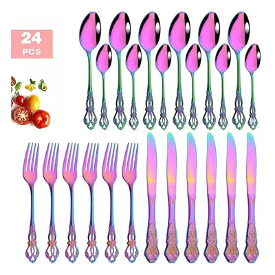 (24pcs service for 4) 6pcs/24pcs Rainbow Western Dinnerware Stainless Steel Cutlery Set Knife Fo