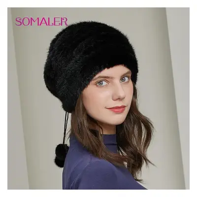 (black) Somaler Winter Mink Fur Hats For Women Warm Loose Casual Girls Slouchy Beanie For Cold W