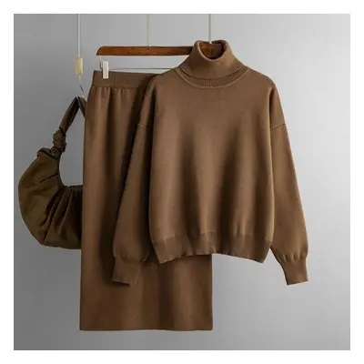 (coffee, One Size) Autumn And Winter Women&apos;s Knitted Sweater Set Solid Color High Neck Long