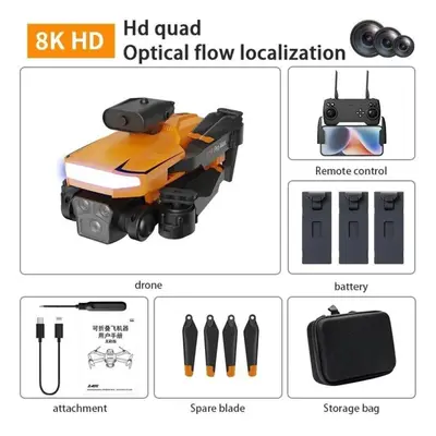 (3B, Orange) Drone 8K GPS HD Triple Camera Optical Flow Positioning Obstacle Avoidance HD Photog