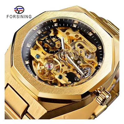 (gold) Forsining Casual Automatic Watch 3D Diamond Skeleton Hollow Mens Wristwatches Luminous Mi