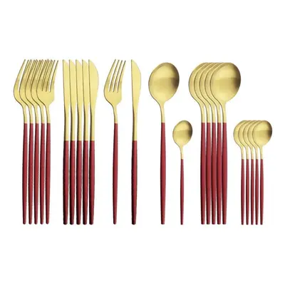 (red,gold) 24pcs Gold Matte Cutlery Set Stainless Steel Dinnerware Set Silver Knife Fork Spoon S