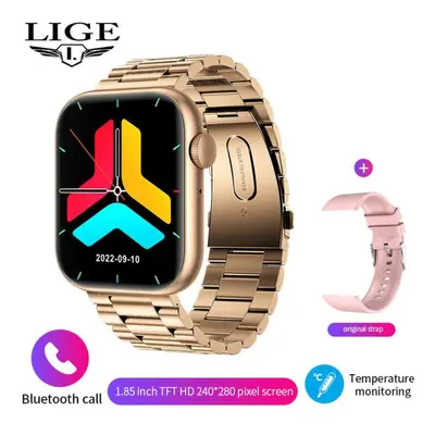 (gold, steel) LIGE Body Temperature Smart Watch Women 1.85 Inch Rotary Keys Sports Bracelet Blue