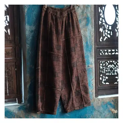 (brown, One Size) Johnature Women Vintage Autumn Elastic Waist Trouser Patchwork Loose Dark Gree