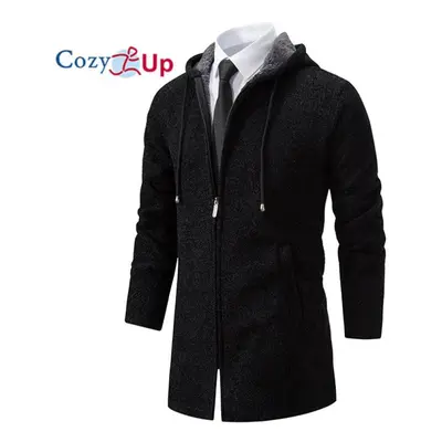 (black, M) Cozy Up Men Fleece Windbreaker Thick Long Trench Coat Solid Winter Cardigan Casual Ho