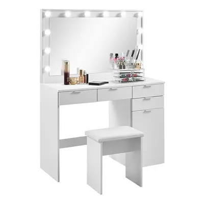 Bedroom Dressing Table with Stool White Vanity Table with Hollywood LED Mirror Makeup Table with