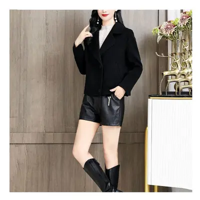 (L, black) Fashion Woolen Coat Women Spring Autumn Short Lapel Collar Coats