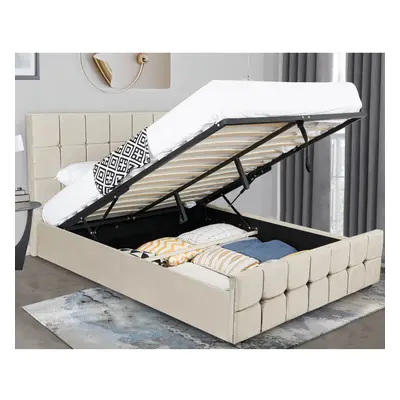 ((Beige, Single)) Ottoman Storage Bed Frame Gas Lift Velvet Fabric