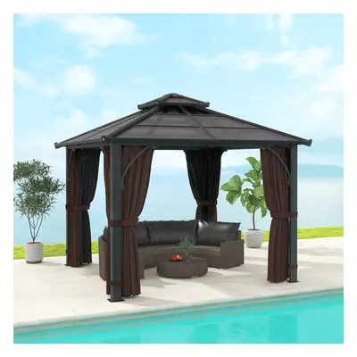 Outsunny 3x3(m) Hardtop Gazebo with Polycarbonate Roof & Sides, Brown