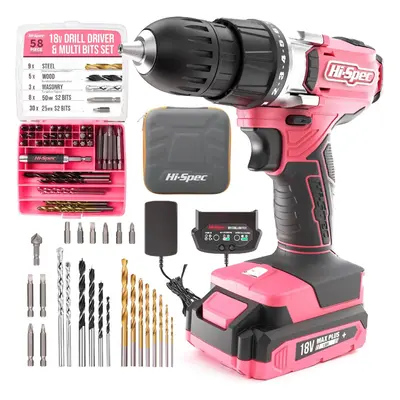 (Pink) piece pink 18V cordless drill driver, drill bit set and box. Complete drill and drill bit