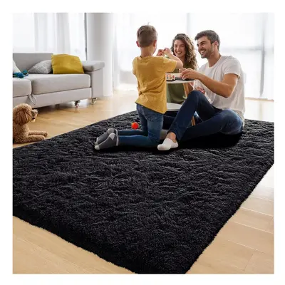 (200 x cm (6ft 6in x 9ft 5in), Black) Xtra Large Area Rugs Nonslip Soft Shaggy Fluffy Rug Living