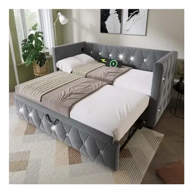 (Grey) 3FT Single Daybed Single Upholstered Bed Sofa Bed with USB &Type C Charging Sations