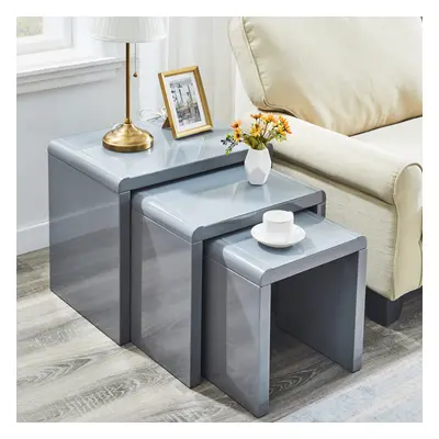 (3pcs Grey) 3PCS Nested Coffee Table Set High gloss Sofa Side