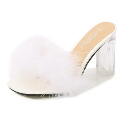 (white, 38) Women Clear Heels Sandals Fluffy Slippers Furry Slides For Women