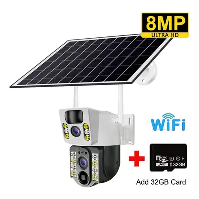 (WIFI Cam 32GB Card) 8mp 4k Wireless Solar Camera 4g Sim Outdoor Dual Lens Wifi Ip Camera Pir Ni