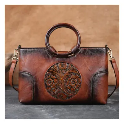 (brown) Johnature High Quality Leather Women Bag Retro Handmade Embossed Shoulder Bags Large Cap