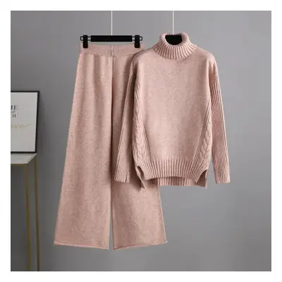 (pink, OneSize) Fall Winter Lazy Wind Loose Turtleneck Sweater Suit Women&apos;s Sollid Color Lo