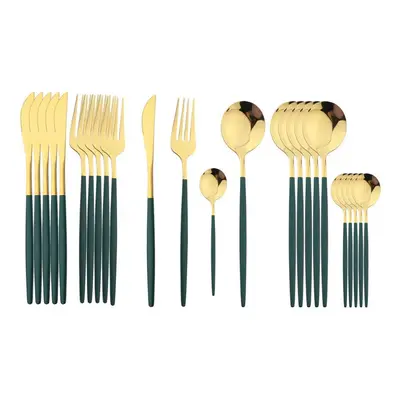 (green,gold, 24pcs) 24pcs Black Handle Golden Cutlery Set Stainless Steel Knife Fork Spoon Table