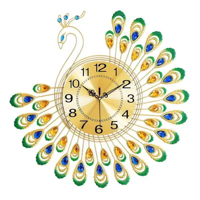 (As picture shows) 15in Silent Metal Crystal 3D Peacock Wall Clock For Living Room Decor Modern 